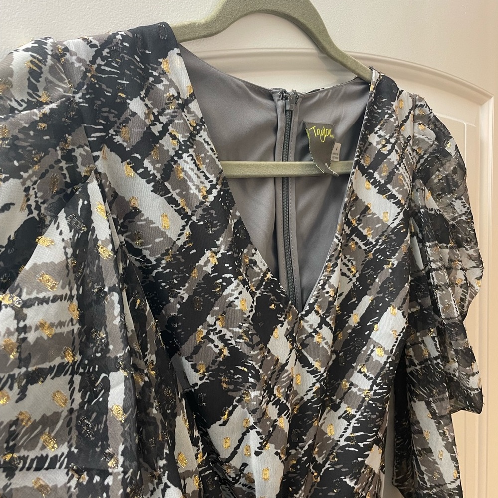 Taylor Black and Gold Plaid Long Sleeve Dress